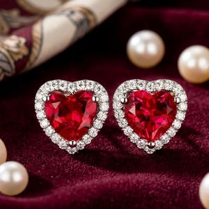 3Ct Heart Cut Lab Created Red Ruby & Diamond Halo Stud Earrings 14K White Gold Finish Elegant Bridal Jewelry Gift for Her, Women's Earrings