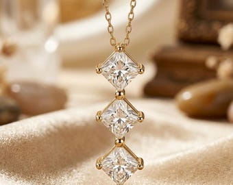 2Ct Princess Lab Created Diamond Women's Chain Pendant 14K Yellow Gold Plated 3 Stone Pendant Trilogy Necklace Gift for Her Elegant Pendant