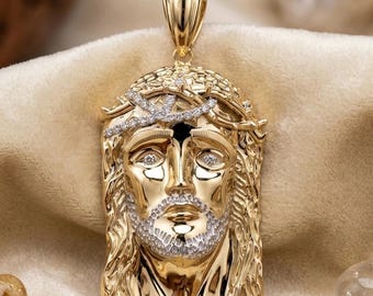 3Ct Round Cut Lab Created Diamond Men's Jesus Face Pendant 14K Yellow Gold Finish, Religious Iced Out Pendant Christian Jewelry Gift For Him