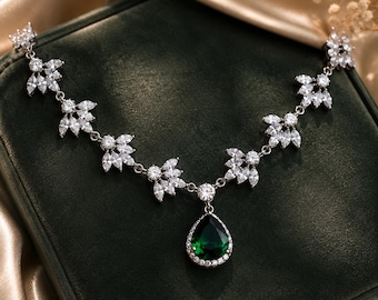 10Ct Pear Cut Lab Created Emerald & Diamond Women Tennis Necklace 14K White Gold Finish, Elegant Green Gemstone Wedding Jewelry Gift for Her