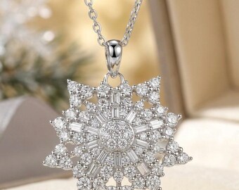 3.3Ct Round Cut Lab Created Diamond Women's Chain Pendant 14K White Gold Plated, Snowflake Diamond Pendant Gift For Her Beauty pendant