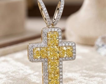 5CT Princess Cut Lab Created Citrine & Diamond Men's Cross Pendant 14K White Gold Plated, Sterling Silver, Religious Pendant, Gift for Him