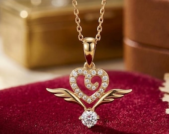 2Ct Round Cut Lab Created Diamond Women's Chain Pendant 14K Yellow Gold Finish Heart Wing Romantic Love Pendant Gift for Her Jewelry