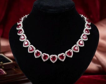 18CT Heart Cut Lab Created Red Ruby & Diamond Women Tennis Necklace Wedding 14K White Gold Finish Bridal Jewelry Gift For Her luxury Jewelry