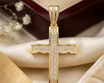 3Ct Round Cut Lab Created Diamond Men's Cross Pendant 14K Yellow Gold Plated, Iced Out Religious Charm, Hip Hop Jewelry Gift for Him