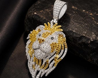 5CT Round Cut Lab Created Citrine & Diamond Men's Lion Face Pendant 14K White Gold Plated,925 Sterling Silver, Hip Hop Pendant, Gift For Him