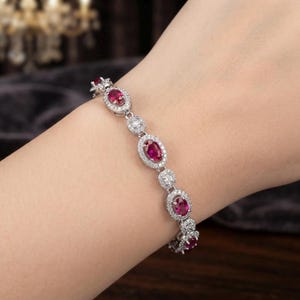 8Ct Oval Cut Lab Created Pink Ruby & Diamond Women's Tennis Bracelet 14K White Gold Finish Silver Elegant Gemstone Jewelry Gift For Her