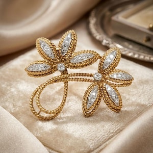 3.60Ct Round Cut Lab Created Diamond Women's Wedding Brooch Pin 14K Two Tone Gold Finish, Celestial Statement Pin, Elegant Gift for Her