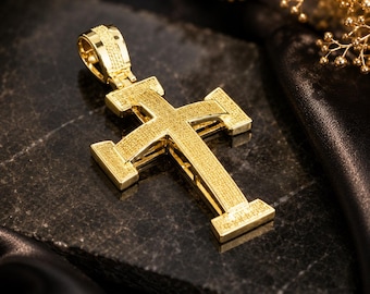 7CT Round Cut Lab Created Citrine Men's Pendant 14K Yellow Gold Finish Hip Hop Jewelry, Charm Pendant, Religious Cross Pendant, Gift for Him