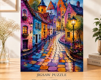 Colorful European Village Jigsaw Puzzle, Charming Cobblestone Street Puzzle, (300/500/1000pcs), Cottage Decor, Gift for Travel Lovers