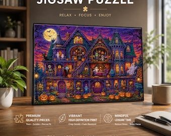 Halloween Haunted Mansion Jigsaw Puzzle, Spooky Ghost House Pumpkin Night Puzzle, (300/500/1000pcs), Halloween Decor, Gift for Halloween Fan