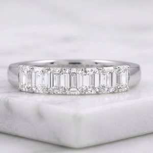 Emerald Cut Lab Grown Diamond Seven Stone Band, Half Eternity Stacking Band, 14k Gold Wedding Band For Women, Anniversary Gift, Daily Wear