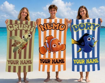 Personalized Finding Nemo Character Beach Towel, Nemo and Friends Family Vacation Beach Pool Towel, Disneyland Trip Dream Magic Summer Gift