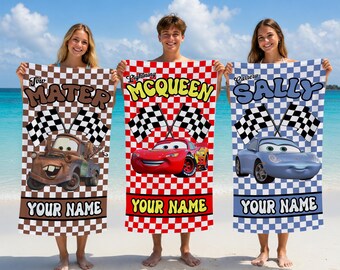 Personalized Cars Pixar Character Beach Towel, McQueen and Friends Family Vacation Beach Pool Towel, Disneyland Trip Dream Magic Summer Gift