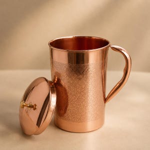 Pure 100% Copper Embossed Water Jug with Lid, 1000ML Handmade Copper Pitcher, Brass Knob Lid, Luxury Copper Drinkware, Housewarming Gift