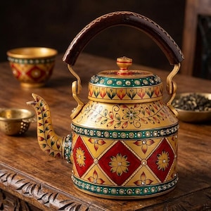 Tetera de aluminio pintada a mano de 1400 ml / Tetera de diseño para servir leche y té / Tetera de decoración india vintage / Decoración de cocina