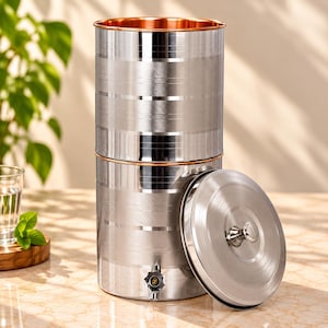 Puede incluir: Un dispensador de agua cilíndrico de dos niveles hecho de acero inoxidable pulido con bandas horizontales cepilladas. El borde interior muestra un acabado en cobre. Un pequeño grifo de metal está unido a la sección inferior y una tapa circular a juego se encuentra al lado.