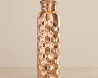Pure Copper Water Bottle 900ml Hammered Diamond Design | Ayurvedic Copper Drinking Bottle | Handmade Copper Flask | Wellness Gift