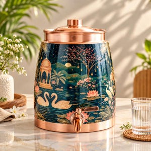 Pode incluir: Um dispensador de água cilíndrico de cobre com um exterior azul-petróleo escuro, apresentando uma ilustração detalhada de cisnes, flores de lótus, um coreto e uma árvore. O recipiente inclui uma tampa de cobre e uma torneira a condizer.