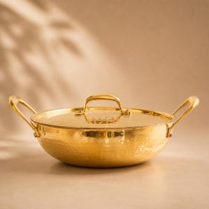 Handmade Pure Brass Hammered Kadai with Lid, Tin Lined Brass Cooking Pot, 2000ML Traditional Indian Cookware, Luxury Kitchen Gift