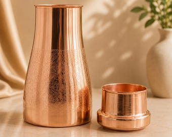 pure Copper Bedroom Bottle with Inbuilt Glass 1000ml | Embossed Copper Water Bottle | Ayurvedic Bedside Carafe Set | Handmade Copper Jug