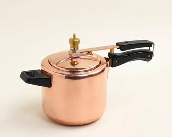 Olla a presión de cobre puro de estilo vintage hecha a mano de 3 litros / Utensilios de cocina tradicionales indios con revestimiento de estaño / Olla de cocina de cobre ayurvédica