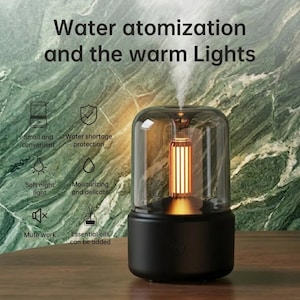May include: A black cylindrical humidifier with a transparent glass dome top, emitting a fine mist. Inside the dome is a vertical orange light filament. Text reads: Water atomization and the warm Lights, Small and convenient, Water shortage protection, Soft night light, Moisturizing and delicate, Mute work, Essential oils can be added.