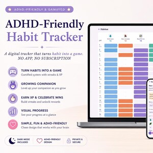 May include: A digital habit tracker displayed on a laptop, smartphone, and tablet screen. The interface features colorful progress bars, a gamified system with a character named Pip, and text including ADHD-Friendly Habit Tracker, No App, No Subscription, and Works on all devices. The layout includes icons for habits, XP, and visual progress tracking.