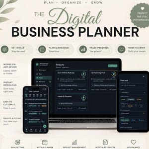 Planificador de negocios web, rastreador de tareas laborales, planificador diario para emprendedores, planificador de productividad apto para TDAH, lista de tareas digital interactiva.
