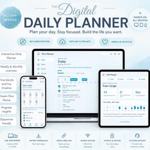 Könnte beinhalten: Eine digitale Tagesplaner-Oberfläche auf einem Laptop, Tablet und Smartphone. Der Bildschirm zeigt das Flow Planner-Dashboard mit täglichen, wöchentlichen und monatlichen Ansichten, Aufgabenlisten und Fortschrittsanalysen. Text: The Digital Daily Planner.