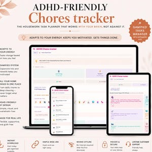 Aplikacja internetowa do zadań domowych Menedżer zadań domowych Przyjazny dla ADHD Wykres zadań domowych z elementami grywalizacji Śledzenie zadań Mobilny pulpit Narzędzie do planowania domu dla osób neuroatypowych Prezent