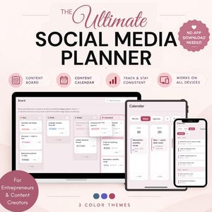 May include: The Ultimate Social Media Planner digital tool for entrepreneurs and content creators. Features include a content board, calendar, and cross-device compatibility. The interface displays task cards, scheduling views, and a no app download needed badge.