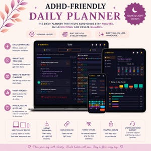 Pode incluir: Um planejador diário para pessoas com TDAH exibido em um laptop, tablet e smartphone. Possui diário diário, rastreamento inteligente de tarefas, planejadores semanais e rastreamento de hábitos.