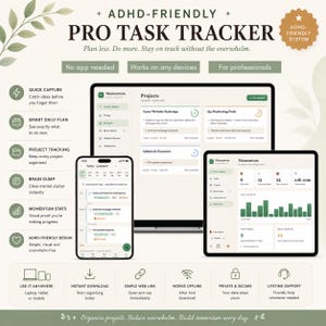 Op de afbeelding: Een digitaal taakbeheersysteem weergegeven op een laptop, tablet en smartphone. De interface bevat projectlijsten, dagelijkse planningstools en voortgangsstatistieken. Tekst bevat ADHD-FRIENDLY PRO TASK TRACKER, Momentum en diverse functielabels zoals Quick Capture, Smart Daily Plan en Project Tracking.
