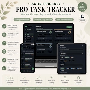 May include: An ADHD-friendly pro task tracker digital system displayed on a laptop, smartphone, and tablet. The interface features dark mode, project management dashboards, task lists, and progress stats. Text includes ADHD-Friendly Pro Task Tracker.