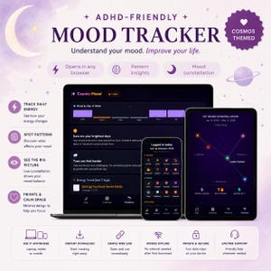 Könnte beinhalten: Eine digitale Stimmungs-Tracker-Anwendung auf einem Laptop, Smartphone und Tablet. Die Benutzeroberfläche zeigt ein dunkelviolettes Design mit kosmischen Symbolen, Diagrammen und Texten, einschließlich ADHD-FRIENDLY MOOD TRACKER und MY MOOD CONSTELLATION.