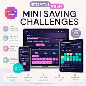 May include: An interactive web app for mini saving challenges displayed on a laptop, tablet, and smartphone. The dark-themed interface features progress trackers, a 52-week challenge grid, and a monthly no-spend calendar with pink and teal accents.
