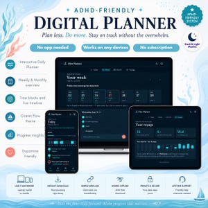 May include: A digital planner interface displayed on a laptop, tablet, and smartphone screen. The dark-themed dashboard features text including ADHD-Friendly Digital Planner, Flow Planner, and various productivity icons. The layout shows weekly and daily views with progress insights, time blocks, and a navigation menu, all set against a light blue, ocean-themed background with decorative wave illustrations.