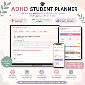 Puede incluir: Gráfico para un planificador de estudiantes con TDAH, que muestra la aplicación en una computadora portátil, tableta y teléfono. El diseño incluye el texto "ADHD Student Planner" y funciones para estudiantes, como el seguimiento automático de asistencia y el seguimiento de calificaciones.