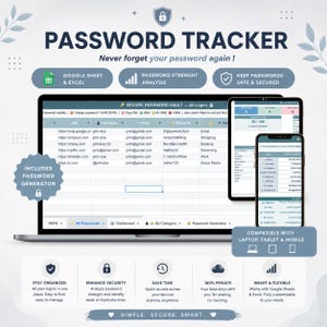 Könnte beinhalten: Ein digitaler Passwort-Tracker, der auf einem Laptop, Tablet und Smartphone angezeigt wird. Das Bild enthält den Text "PASSWORD TRACKER" und zeigt Symbole für Google Sheets, Passwortstärkenanalyse und sichere Passwortspeicherung. Kompatibel mit Laptops, Tablets und Mobilgeräten.