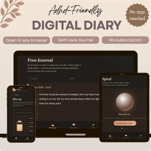 May include: An ADHD-friendly digital diary displayed on a laptop, tablet, and smartphone. The interface features dark backgrounds with light text, including sections like Free Journal, Win Jar, and a breathing exercise. Text includes Adhd-Friendly DIGITAL DIARY.