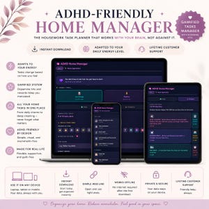 Puede incluir: Un anuncio de la aplicación ADHD Home Manager, que se muestra en una computadora portátil, una tableta y un teléfono inteligente. La aplicación ayuda a los usuarios a administrar tareas, con funciones como la adaptación del nivel de energía y un sistema gamificado. La combinación de colores es púrpura y blanco.