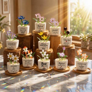 May include: A collection of small, square white ceramic pots, each holding a different colorful glass flower. The pots sit on wooden platforms and have various messages and names written on them, such as "Thank You" and "Flowers & You Perfect."