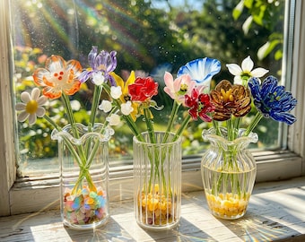 Custom Glass Birth Month Flower in Vase, Miniature Glass Floral Desk Decor, Birthday Gift for Her, Mother’s Day Gift, Handmade Glass Flower