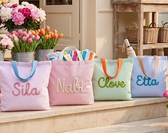 Custom Seersucker Beach Bag, Personalized Coastal Tote, Mother’s Day Summer Gift, Spa Poolside Carryall, Elegant Gift for Mom