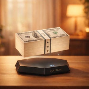 May include: A stack of US $100 bills, bound with a band labeled "GTA" and three stars, levitating above a black, geometric device. The device has a power button and the word "LEVITATIC" printed on it. The background is blurred.