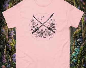 Floral Katana Fantasy Game T-Shirt, Botanical Samurai Unisex Gamer Gift