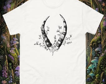 Y2K Fantasy Game Inspired Druid Fairy Unisex T-Shirt, Horned Floral Fairycore Graphic Tee