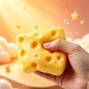 May include: A yellow, cheese-shaped sponge with multiple holes is held in a hand. The sponge is a bright yellow color, and the holes are various sizes. The background is a soft, blurred orange and yellow with floating cheese pieces and bubbles.