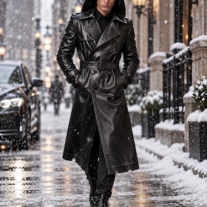 Men’s Black Leather Trench Coat, Gothic Steampunk Long Duster, High Collar Genuine Leather Winter Coat, Handmade Alternative Outerwear